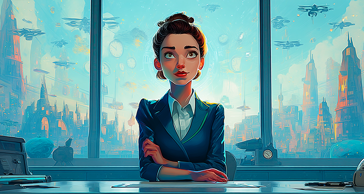 Illustration: a confident agent in a high-rise office above a future city