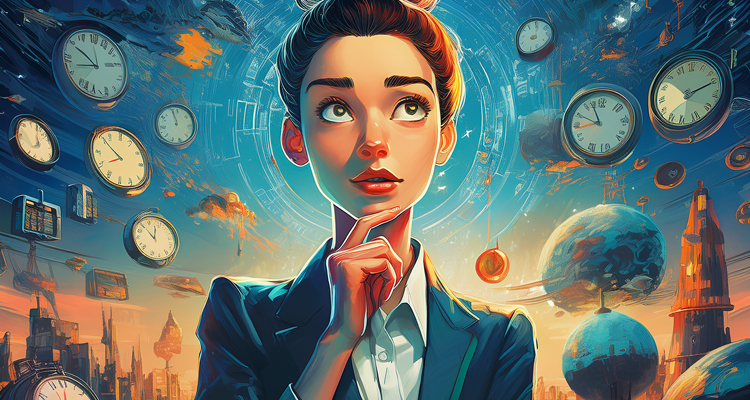 Illustration: a professional gazing upward amid floating clocks and a futuristic city